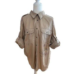 Lauren Ralph Lauren Tan Cotton Button-Up Graphic Script Size 3X